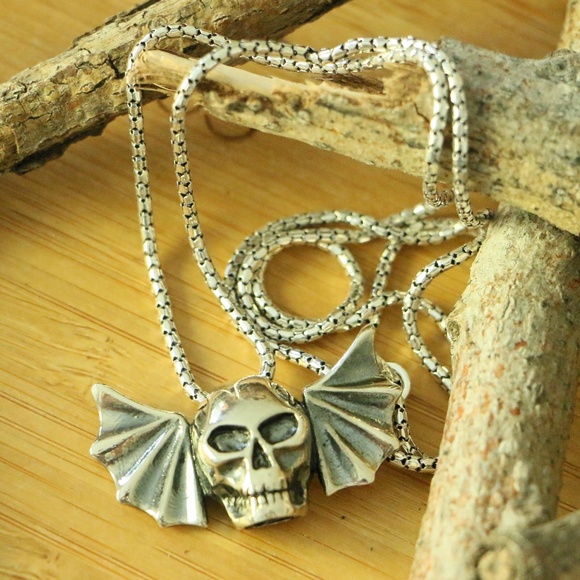 Sterling Silver SKULL WITH BAT WINGS Men's Necklace